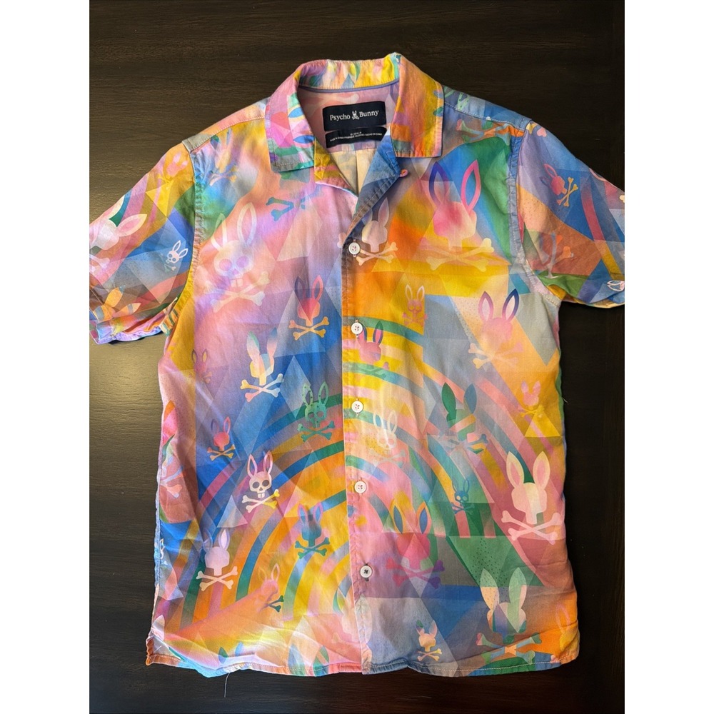 Psycho Bunny Boys Short Sleeve Button Down Shirt Medium M 10-12 Colorful Prism